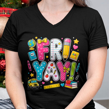 Best Teacher Shirt, Funny Teacher UnisexT-Shirt/Hoodie/Sweatshirt HLT00 - Happy Fri-Yay Friday Coquette Bow Teacher Back to School T-Shirt