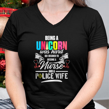 Funny Nurse Shirt, Nurse Unisex T-Shirt/Hoodie/Sweatshirt HLT00 - Police Wife Nurse Life Hard Unicorn Thin Blue Line RN Mom T-Shirt