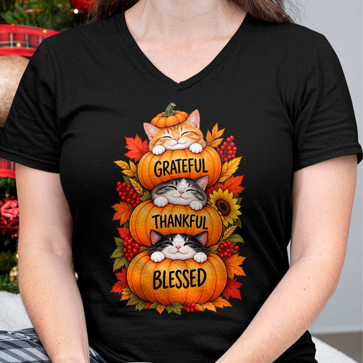 Best Thanksgiving Family Shirt , Funny Thanksgiving UnisexT-Shirt/Hoodie/Sweatshirt HLT00 - Grateful Thankful Blessed Cats Pumpkin Thanksgiving Fall T-Shirt