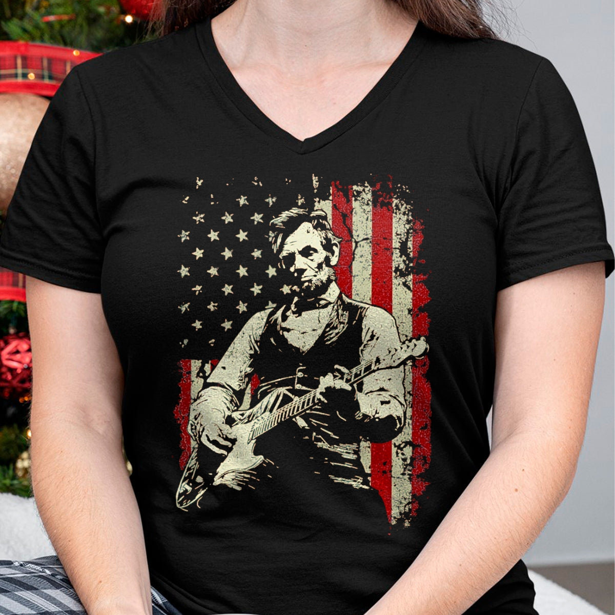 Guitar Lover Shirt, Funny Guitar UnisexT-Shirt/Hoodie/Sweatshirt HLT00 - Abraham Lincoln Playing Guitar Rock and Roll American Flag T-Shirt, Men, Black, 3X-Large