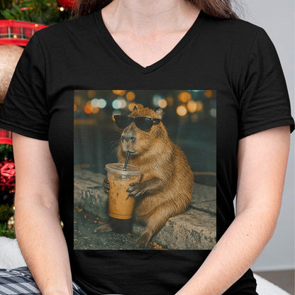 Cute Capybara Shirt, Funny Capybara Unisex T-Shirt/Hoodie/Sweatshirt HLT00 - Funny Capybara Drinking Iced Coffee Cute Animal Meme T-Shirt