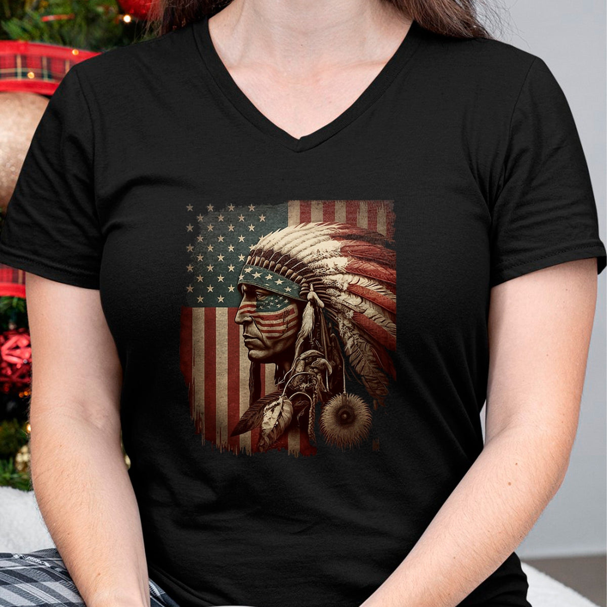 Native American T-Shirts, Vintage Native American Unisex T-Shirt/Hoodie/Sweatshirt HLT00 - Native American Indian Chief American USA Flag (1)