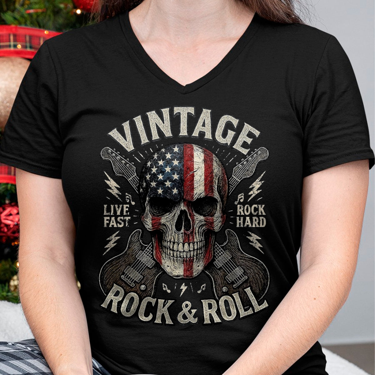 Guitar Lover Shirt, Funny Guitar UnisexT-Shirt/Hoodie/Sweatshirt HLT00 - Vintage Rock Skull American Flag Guitar Retro Rock and Roll T-Shirt, Men, Black, Large