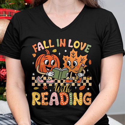 Best Teacher Shirt, Funny Teacher UnisexT-Shirt/Hoodie/Sweatshirt HLT00 - Fall in Love with Reading Autumn Pumpkin Teacher Book Lover T-Shirt