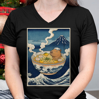 Cute Capybara Shirt, Funny Capybara Unisex T-Shirt/Hoodie/Sweatshirt HLT00 - Cute Capybara Ramen Mt Fuji Ukiyo-e Great Wave Japanese Art T-Shirt