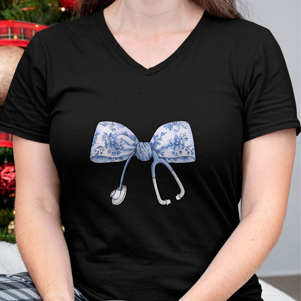 Funny Nurse Shirt, Nurse Unisex T-Shirt/Hoodie/Sweatshirt HLT00 - Floral Cute Blue Coquette Bow Stethoscope Registered Nurse T-Shirt