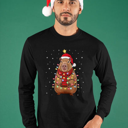 Cute Capybara Shirt, Funny Capybara Unisex T-Shirt/Hoodie/Sweatshirt HLT00 - Christmas Capybara with Santa Hat Xmas Lights Tree T-Shirt