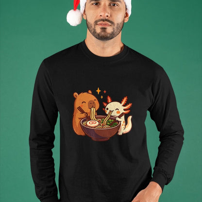 Cute Capybara Shirt, Funny Capybara Unisex T-Shirt/Hoodie/Sweatshirt HLT00 - Capybara with Axolotl Eats Noodles Ramen Kawaii T-Shirt, Men, Black, 3X-Large