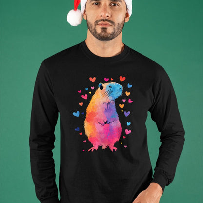 Cute Capybara Shirt, Funny Capybara Unisex T-Shirt/Hoodie/Sweatshirt HLT00 - Colorful Capybara Hearts Long Sleeve T-Shirt