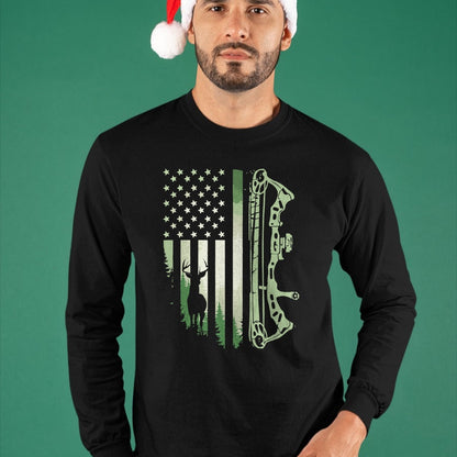 Funny Hunting Shirt, Gift For Hunting Lover Unisex T-Shirt/Hoodie/Sweatshirt HLT00 - Patriotic Bowhunting USA Flag Bow Archery Deer Hunting Wild T-Shirt