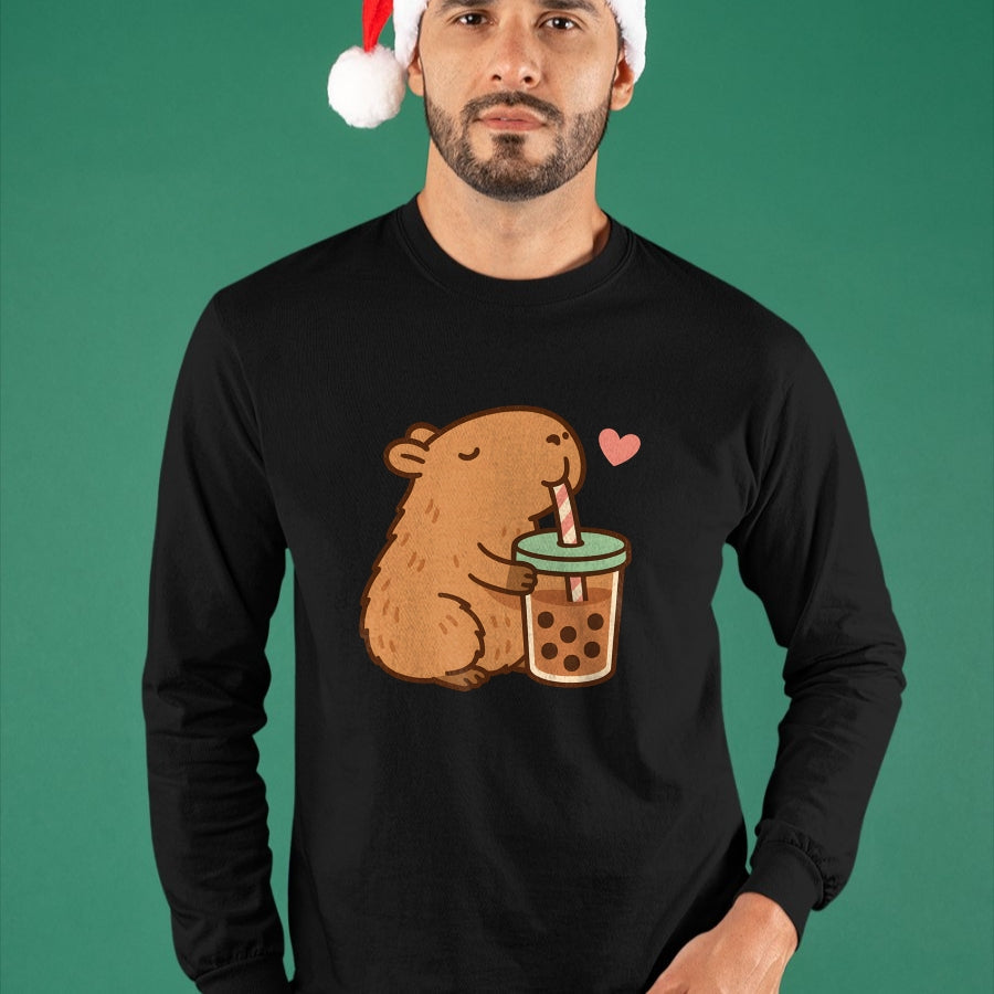Cute Capybara Shirt, Funny Capybara Unisex T-Shirt/Hoodie/Sweatshirt HLT00 - Cute Capybara Boba Kawaii Bubble Drink Girls Women Long Sleeve T-Shirt