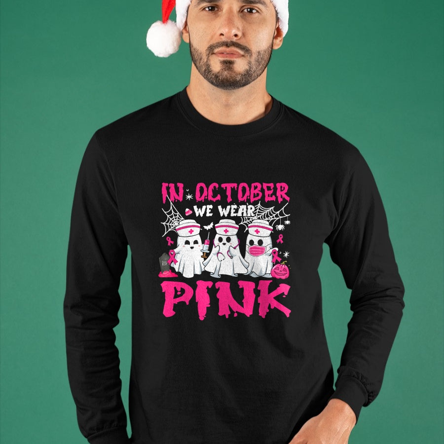 Funny Nurse Shirt, Nurse Unisex T-Shirt/Hoodie/Sweatshirt HLT00 - In October We Wear Pink Nurse Ghost Halloween Breast Cancer T-Shirt