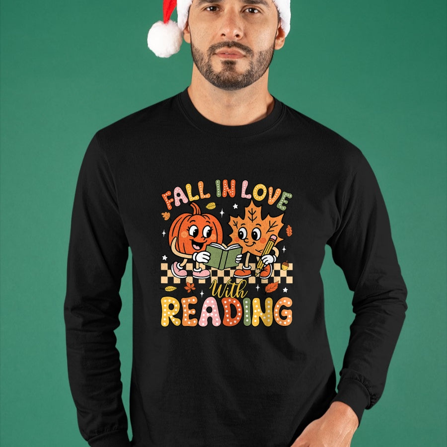 Best Teacher Shirt, Funny Teacher UnisexT-Shirt/Hoodie/Sweatshirt HLT00 - Fall in Love with Reading Autumn Pumpkin Teacher Book Lover T-Shirt