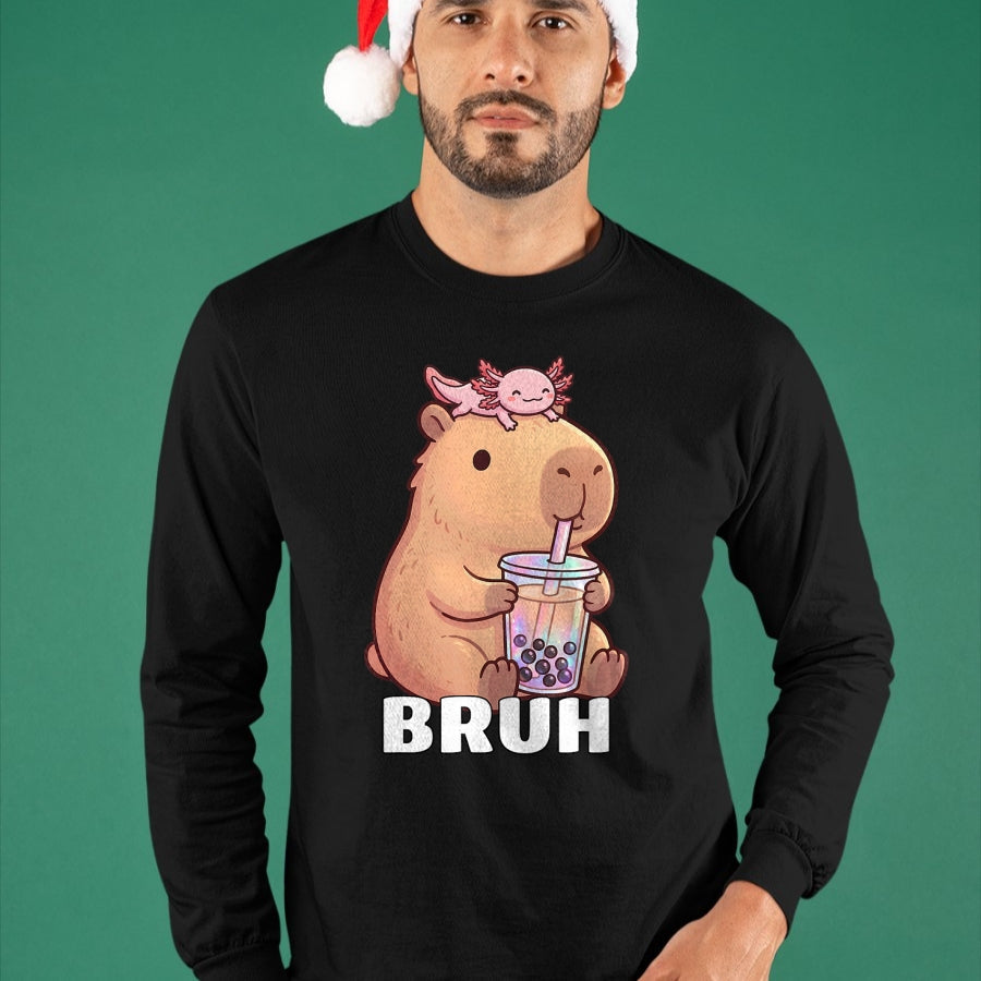 Cute Capybara Shirt, Funny Capybara Unisex T-Shirt/Hoodie/Sweatshirt HLT00 - Cute Bruh Capybara Drinking Bubble Tea Axolotl Funny Kawaii T-Shirt