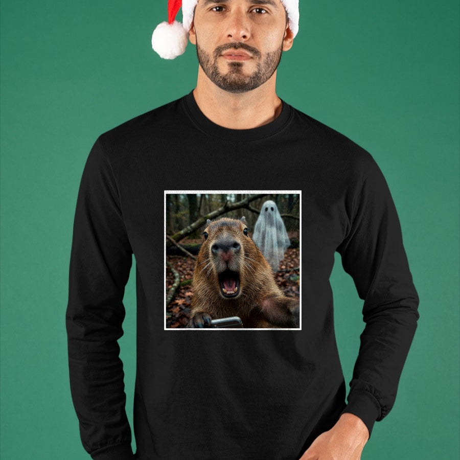 Cute Capybara Shirt, Funny Capybara Unisex T-Shirt/Hoodie/Sweatshirt HLT00 - Funny Capybara Ghost Selfie Photo Capy Meme Tee Kawaii T-Shirt