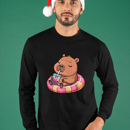Cute Capybara Shirt, Funny Capybara Unisex T-Shirt/Hoodie/Sweatshirt HLT00 - Kawaii Capybara Bubble Tea Pool Float Teen Girls and Her Mom T-Shirt