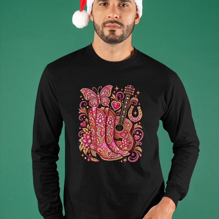 Guitar Lover Shirt, Funny Guitar UnisexT-Shirt/Hoodie/Sweatshirt HLT00 - Pink Butterfly Bling Cowgirl Guitar Western Rhinestone Cute T-Shirt