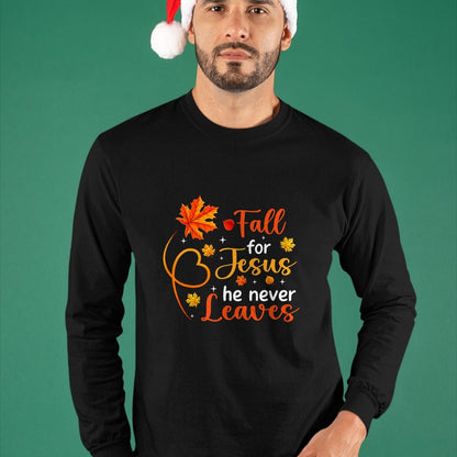 Best Thanksgiving Family Shirt , Funny Thanksgiving UnisexT-Shirt/Hoodie/Sweatshirt HLT00 - Fall for Jesus He Never Leaves Christian Faith Cross Pumpkin T-Shirt