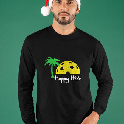 Funny Pickleball Shirt, Pickleball Lover Unisex T-Shirt/Hoodie/Sweatshirt HLT00 - Pickle Ball Happy Hour Palm Tree Pickleball Men Women Kids T-Shirt