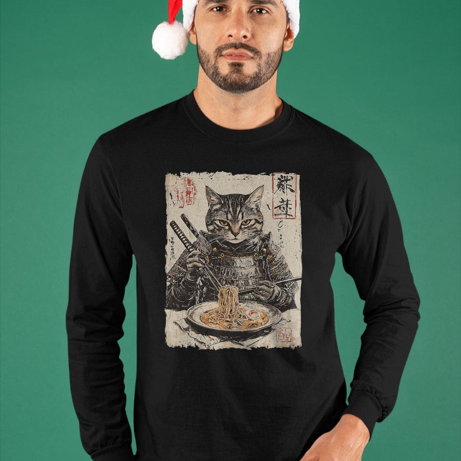 Cat Love Shirt, Funny Cat Lover Gift UnisexT-Shirt/Hoodie/Sweatshirt HLT00 - Samurai Cat Loves Ramen Funny Anime Japanese Artwork Samurai T-Shirt, Men, Black, X-Large