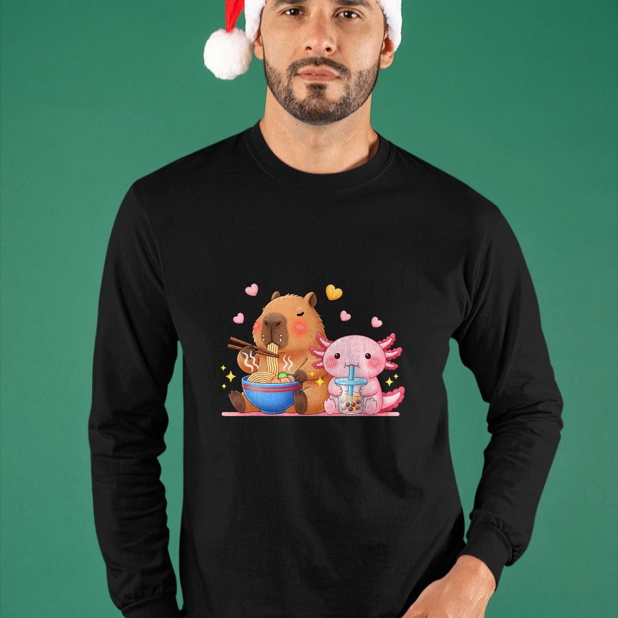 Cute Capybara Shirt, Funny Capybara Unisex T-Shirt/Hoodie/Sweatshirt HLT00 - Cute Capybara Ramen and Axolotl Boba Kawaii Boys Girls Kids T-Shirt