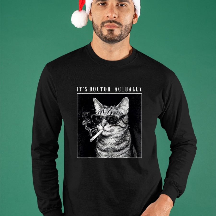 Best Doctor Shirt, Funny Doctor UnisexT-Shirt/Hoodie/Sweatshirt HLT00 - It's Doctor Actually Cool Smoking Cat Funny Phd Graduation T-Shirt, Men, Black, 3X-Large