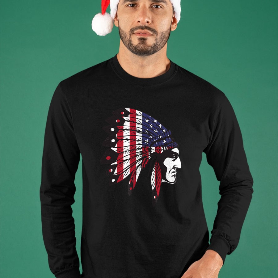 Native American T-Shirts, Vintage Native American Unisex T-Shirt/Hoodie/Sweatshirt HLT00 - Native American Indian Chief American USA Flag 4th Of July