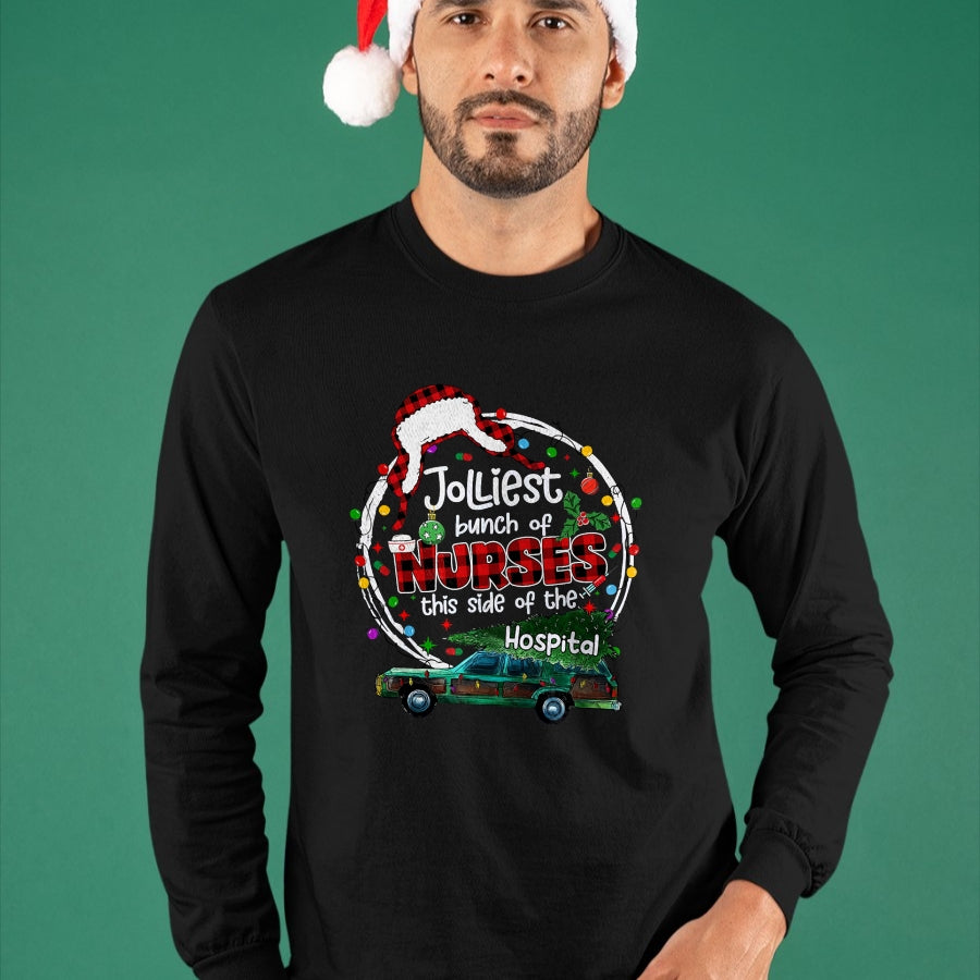 Funny Nurse Shirt, Nurse Unisex T-Shirt/Hoodie/Sweatshirt HLT00 - Jolliest Bunch Of Nurses This Side Of The Hospital Christmas T-Shirt