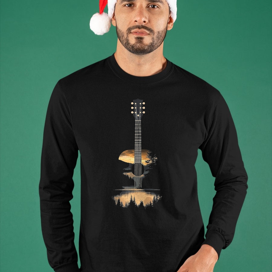 Guitar Lover Shirt, Funny Guitar UnisexT-Shirt/Hoodie/Sweatshirt HLT00 - Sunset Acoustic Guitar Scenic Nature Art T-Shirt, Men, Black, 3X-Large