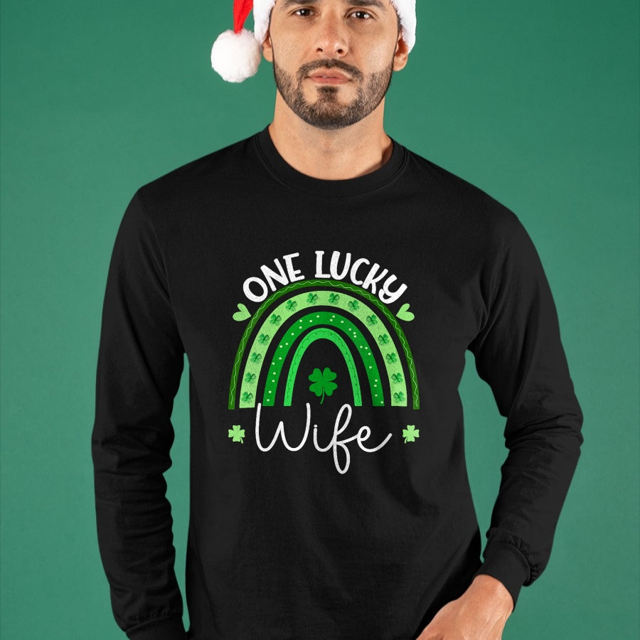 Best Wife Shirt, Wife and Husband Unisex T-Shirt/Hoodie/Sweatshirt HLT00 - Gift for wife T shirt, lucky wife   Womens One Lucky Wife Rainbow Irish St Patricks Day Shamrock V-N