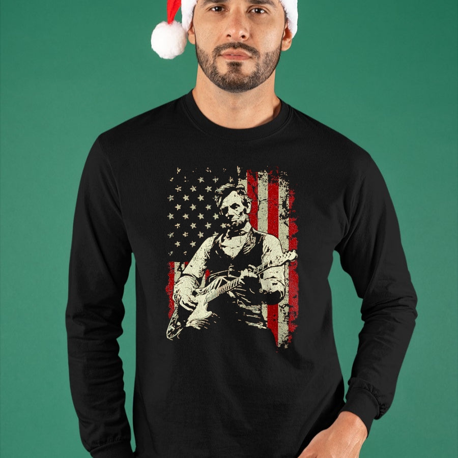 Guitar Lover Shirt, Funny Guitar UnisexT-Shirt/Hoodie/Sweatshirt HLT00 - Abraham Lincoln Playing Guitar Rock and Roll American Flag T-Shirt, Men, Black, 3X-Large