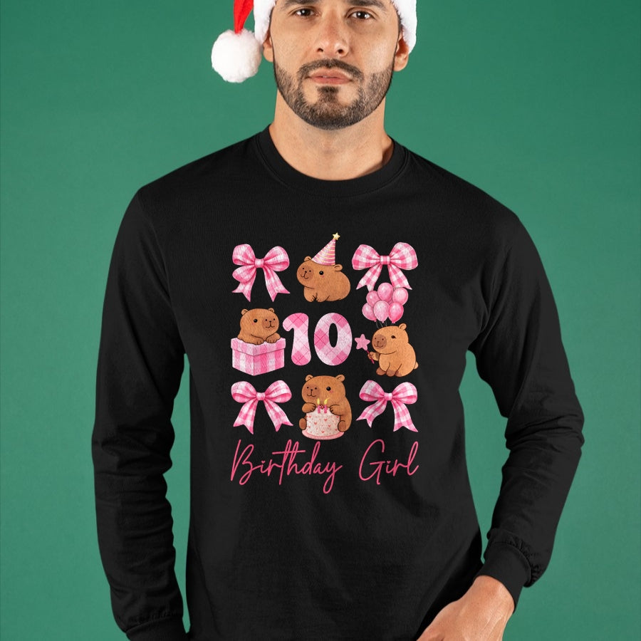Cute Capybara Shirt, Funny Capybara Unisex T-Shirt/Hoodie/Sweatshirt HLT00 - Coquette 10th Birthday Girl Cute Capybara Bow 10 Year Old T-Shirt