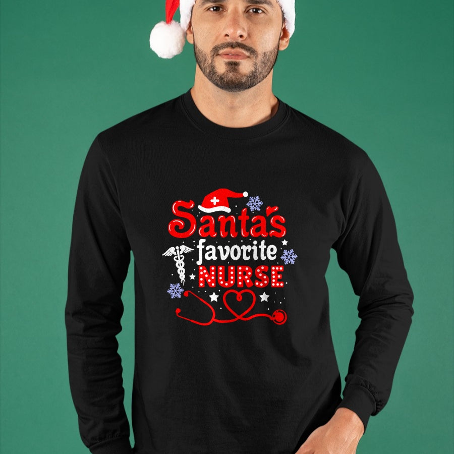 Funny Nurse Shirt, Nurse Unisex T-Shirt/Hoodie/Sweatshirt HLT00 - Santa's Favorite Nurse Christmas Short Sleeve T-Shirt