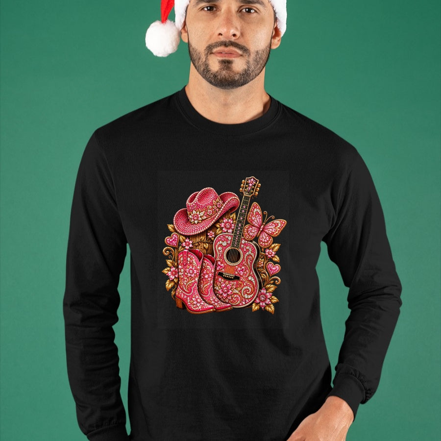 Guitar Lover Shirt, Funny Guitar UnisexT-Shirt/Hoodie/Sweatshirt HLT00 - Bedazzled Butterfly Pink Cowboy Guitar Country T-Shirt
