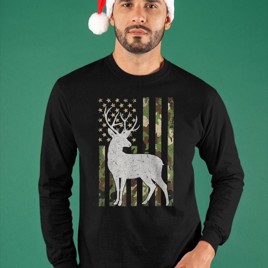 Funny Hunting Shirt, Gift For Hunting Lover Unisex T-Shirt/Hoodie/Sweatshirt HLT00 - Whitetail Buck Deer Hunting Camouflage USA Flag 4th of July T-Shirt