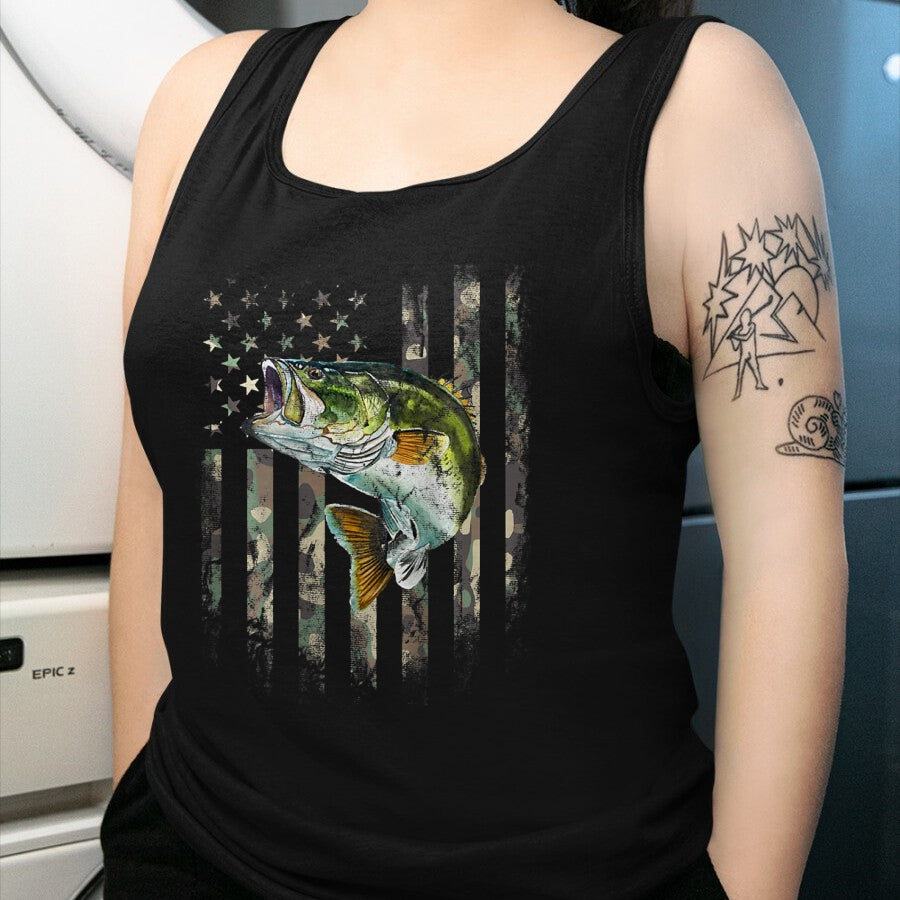 Funny Fishing Shirt, Gift For Fishing Lover Unisex T-Shirt/Hoodie/Sweatshirt HLT00 - (Art on Back) American Flag Camo Bass Fish Fishing T-Shirt