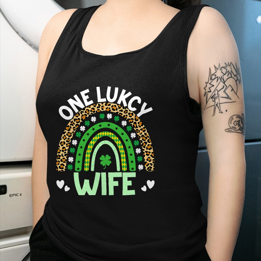 Best Wife Shirt, Wife and Husband Unisex T-Shirt/Hoodie/Sweatshirt HLT00 - Gift for wife T shirt, lucky wife   Womens One Lucky Wife Leopard Rainbow Saint Patrick's Day Tank T (1)