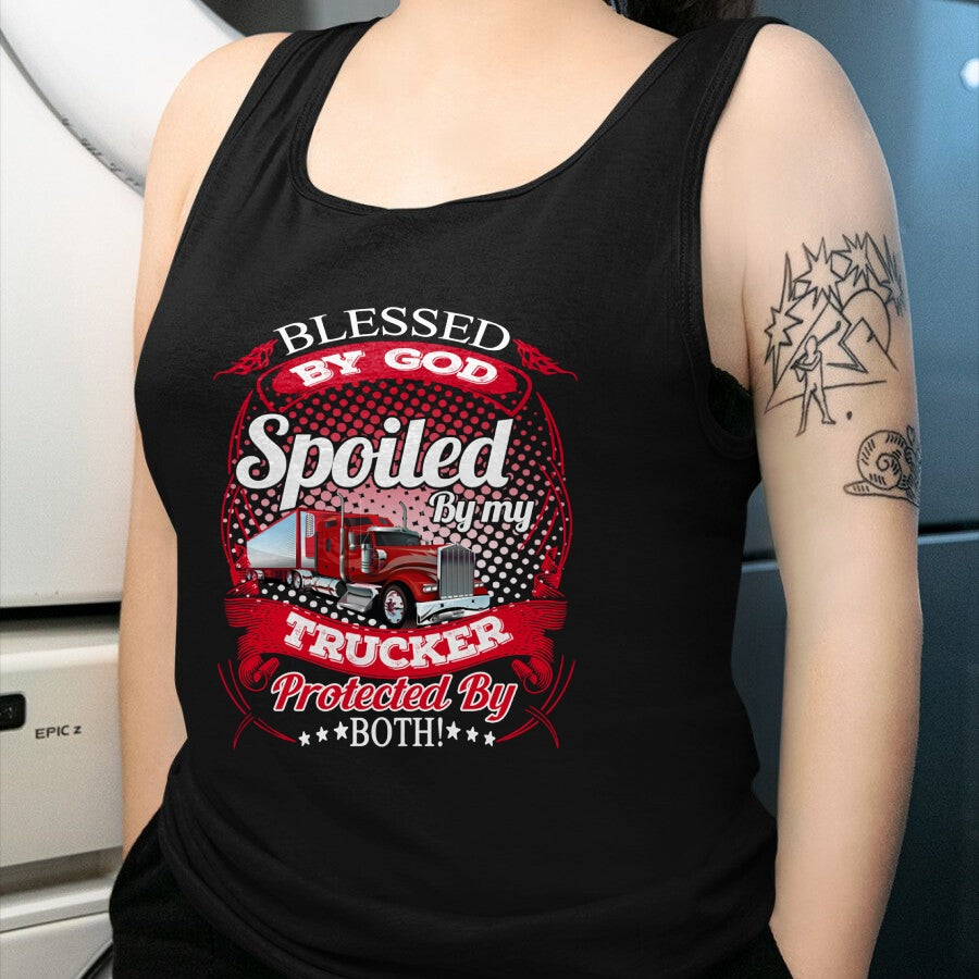 Best Wife Shirt, Wife and Husband Unisex T-Shirt/Hoodie/Sweatshirt HLT00 - Blessed By God Spoiled By My Trucker Girlfriend Wife Long Sleeve T-Shirt