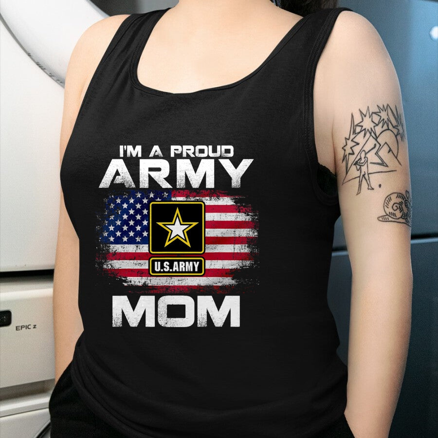 Gift for Mom Shirt, Funny Mom Unisex T-Shirt/Hoodie/Sweatshirt HLT00 - I'm A Proud Army Mom With American Flag For Veteran Gift T-Shirt