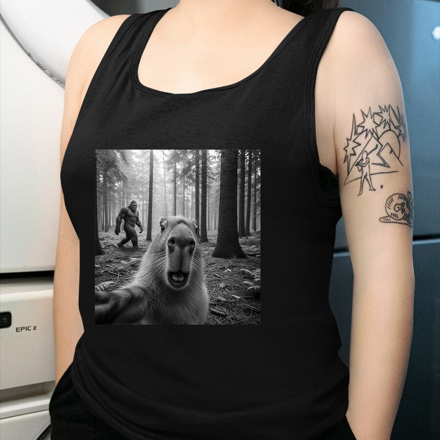 Cute Capybara Shirt, Funny Capybara Unisex T-Shirt/Hoodie/Sweatshirt HLT00 - Funny Capybara Selfie with Sasquatsch Bigfoot for Men Women T-Shirt, Men, Black, 3X-Large