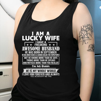 Best Wife Shirt, Wife and Husband Unisex T-Shirt/Hoodie/Sweatshirt HLT00 - Gift for wife T shirt, lucky wife   I Am A Lucky Wife I Have A Freaking Awesome Husband SEPTEMBE Tan