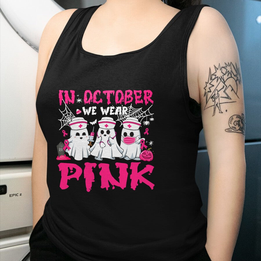 Funny Nurse Shirt, Nurse Unisex T-Shirt/Hoodie/Sweatshirt HLT00 - In October We Wear Pink Nurse Ghost Halloween Breast Cancer T-Shirt