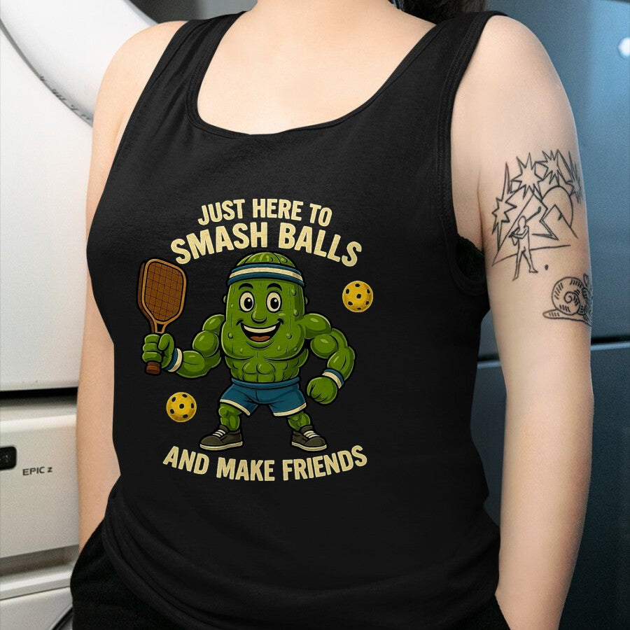 Funny Pickleball Shirt, Pickleball Lover Unisex T-Shirt/Hoodie/Sweatshirt HLT00 - Just Here to Smash Balls and Make Friends Funny Pickleball T-Shirt, Men, Black, 3X-Large