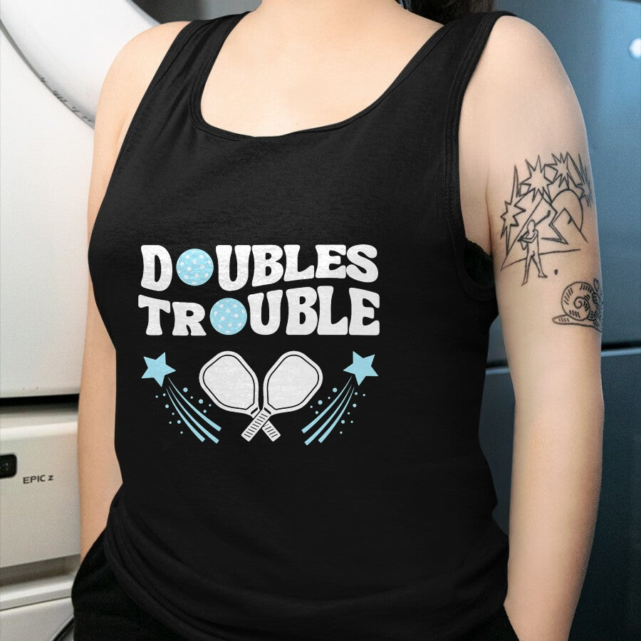 Funny Pickleball Shirt, Pickleball Lover Unisex T-Shirt/Hoodie/Sweatshirt HLT00 - Blue Doubles Trouble Pickleball Tournament Partner Matching T-Shirt