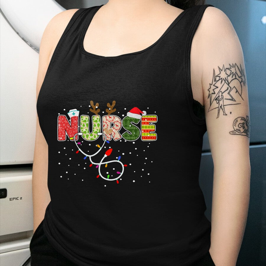 Funny Nurse Shirt, Nurse Unisex T-Shirt/Hoodie/Sweatshirt HLT00 - Stethoscope Santa Hat Reindeer Xmas Christmas Nurse T-Shirt