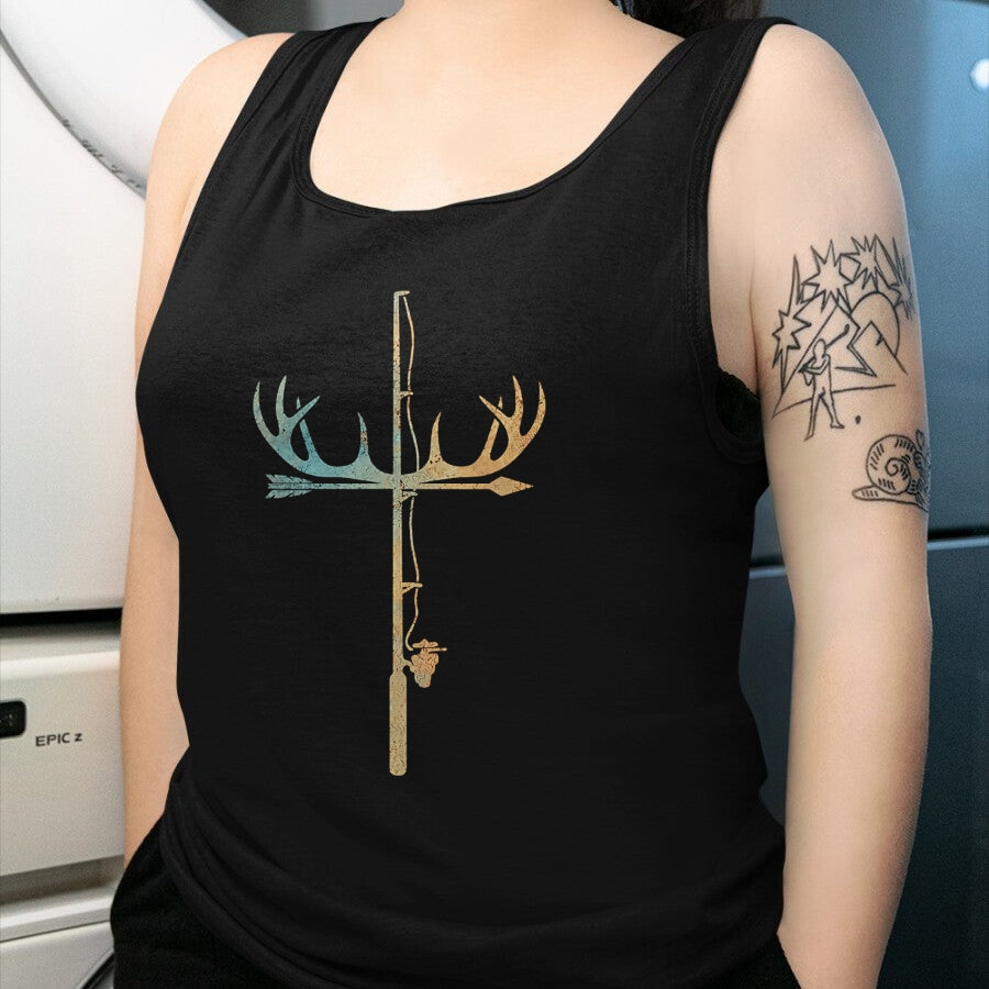 Funny Hunting Shirt, Gift For Hunting Lover Unisex T-Shirt/Hoodie/Sweatshirt HLT00 - Antler Fishing Rod Cross God Family Hunting Fishing T-Shirt