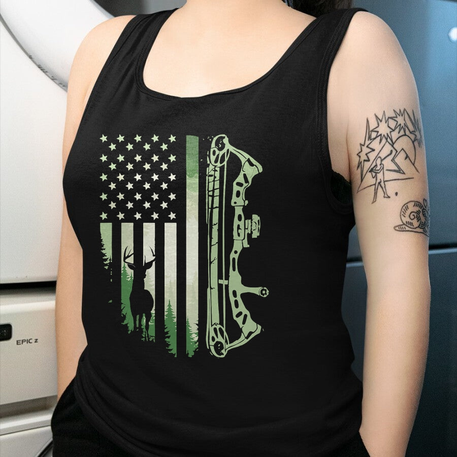 Funny Hunting Shirt, Gift For Hunting Lover Unisex T-Shirt/Hoodie/Sweatshirt HLT00 - Patriotic Bowhunting USA Flag Bow Archery Deer Hunting Wild T-Shirt