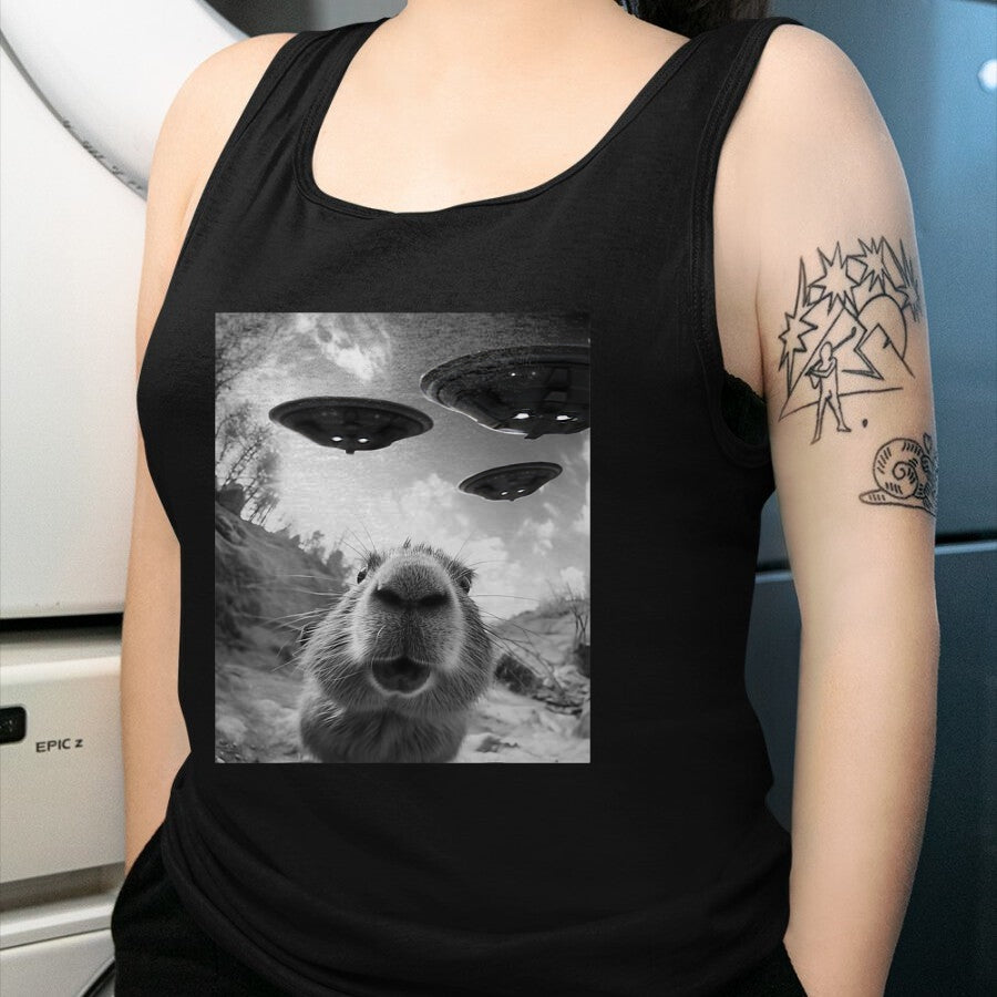 Cute Capybara Shirt, Funny Capybara Unisex T-Shirt/Hoodie/Sweatshirt HLT00 - Funny Capybara Selfie with UFOs Weird Graphic Tee Alien UFO T-Shirt