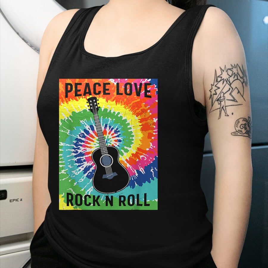 Guitar Lover Shirt, Funny Guitar UnisexT-Shirt/Hoodie/Sweatshirt HLT00 - Peace Love Rock n Roll Tie Dye Hippie Guitar Music Retro T-Shirt