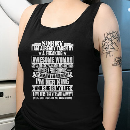 Best Wife Shirt, Wife and Husband Unisex T-Shirt/Hoodie/Sweatshirt HLT00 - Sorry I'm Taken by a Freaking Awesome Woman Funny Husband T-Shirt (1)
